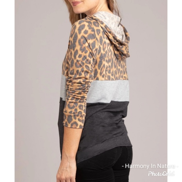 Leopard & Gray Color Block Hooded Pullover - Picture 5 of 8